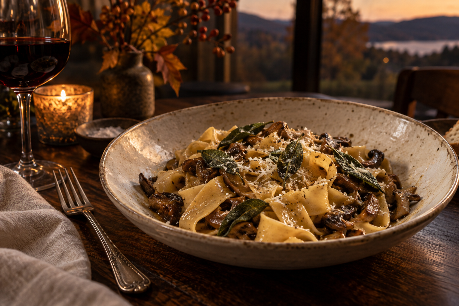 Handmade mushroom pasta in warm evening light