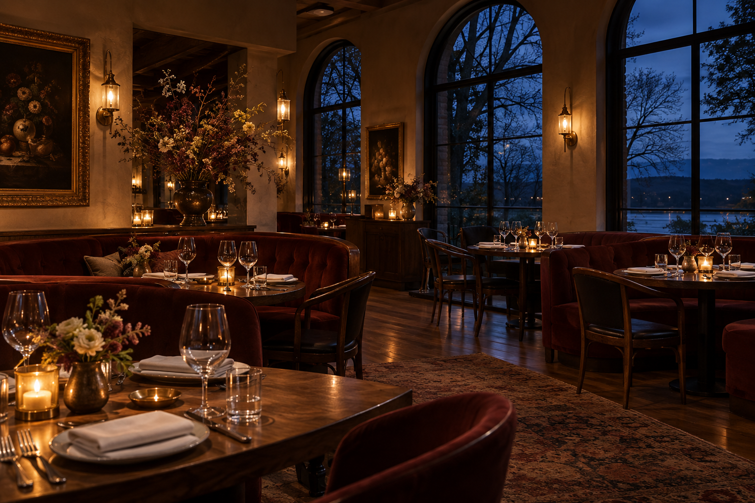 Candlelit dining room in a fictional Hudson restaurant